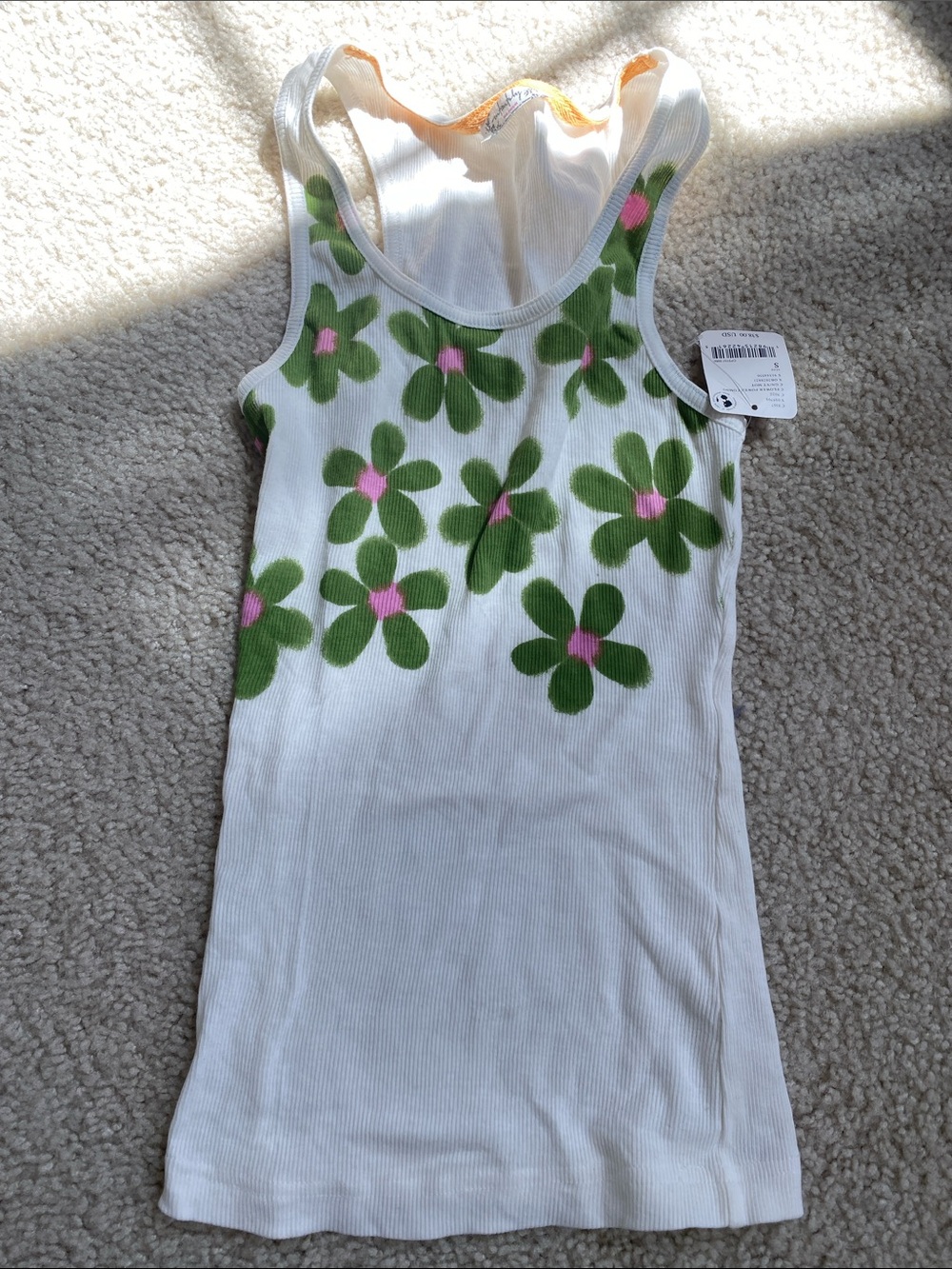 Free people New White Floral Ribbed Tank with Green & Pink Flowers S